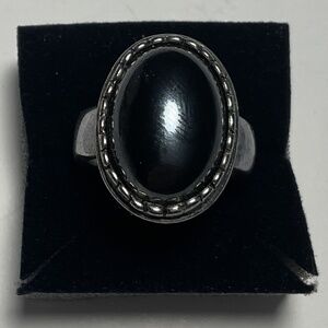 Women’s Vintage PD Signed Oval Black Onyx Silver Ring with Comfort Band Size 7